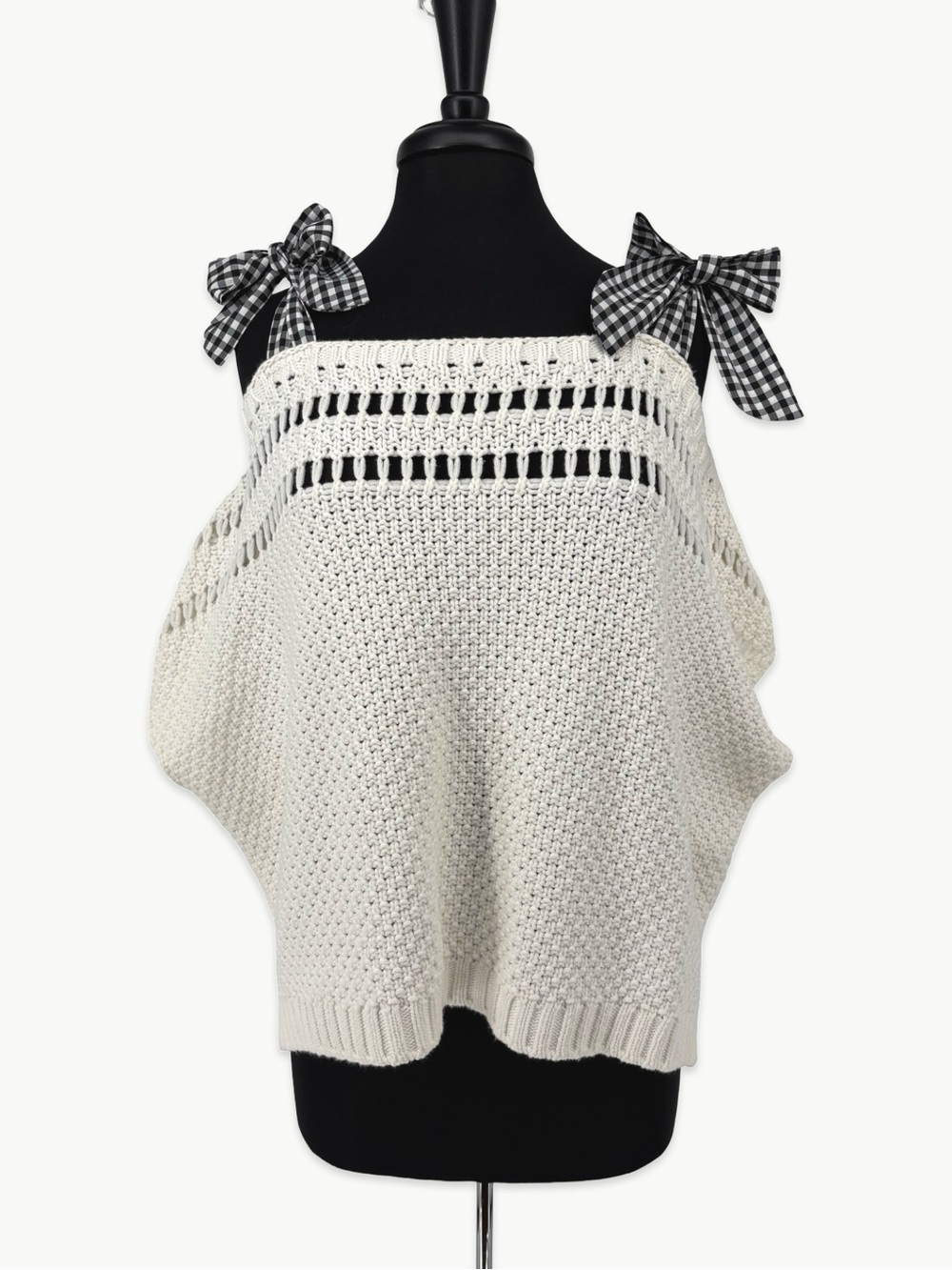 Maeve Anthropologie Tie Shoulder Sweater Tank Gingham Bow Top Size Small Crochet